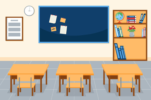 教室の黒板と机 室内,黒板,掲示物,時計,本棚,本,机,椅子,床,壁のイラスト素材