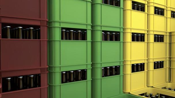 積み上げられたケースと瓶 ビールケース,ケース,ビール箱,入れ物,3d,cg,瓶ビール,赤色,背景,緑色のイラスト素材