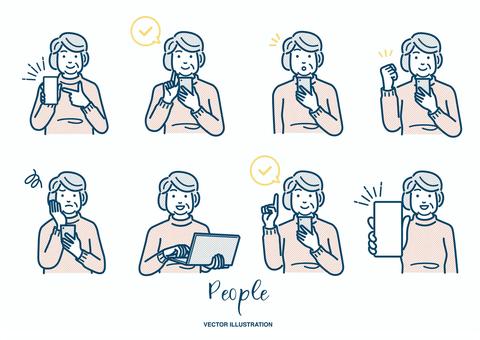 スマホやパソコンを操作する年配の女性 女性,スマートフォン,スマホ,電話,使う,連絡,笑顔,人物,イラスト,シンプルのイラスト素材