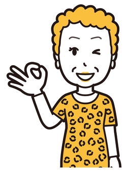  大阪のおばちゃん(黄)-017-バスト オッケー,おばちゃん,大阪,ヒョウ柄,おばはん,中年,女性,関西,派手,おばさんのイラスト素材