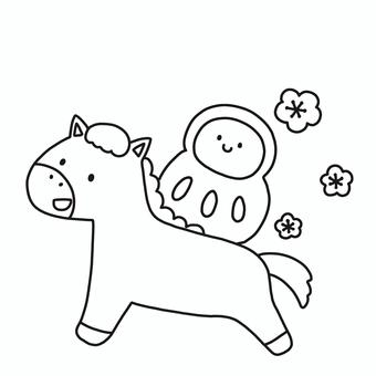 だるまと馬 馬,午年,干支,だるま,年賀状,お正月,動物,2026年,モノトーン,塗り絵のイラスト素材
