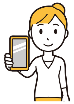 スマホ画面をこちらに見せている主婦 スマホ,女性,主婦,ママ,長袖,シャツ,半端袖,お団子,アップヘア,母のイラスト素材