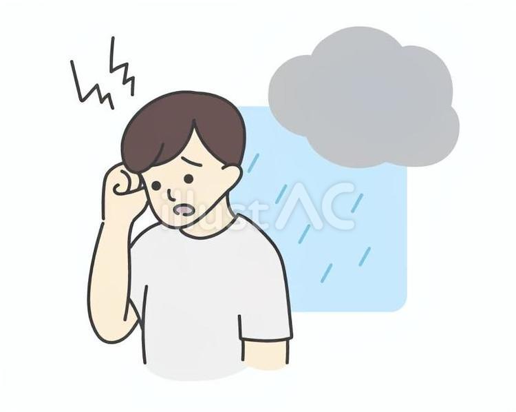 雨の日に頭痛に悩む男性 頭痛,偏頭痛,低気圧のイラスト素材