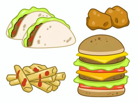 タコスとバーガー タコス,バーガー,ハンバーガー,からあげ,唐揚げ,ポテト,フライドポテト,フレンチフライ,ジャンクフード,ファーストフードのイラスト素材
