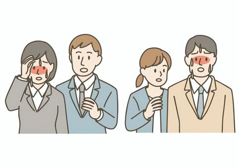 体調不良を気遣うビジネスマンのセット 熱中症,ビジネスマン,会社員,体調不良,発熱,真夏,気遣い,心配,声掛け,人物のイラスト素材