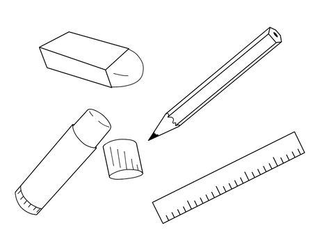 文房具　色なし 消しゴム,鉛筆,六角鉛筆,スティックのり,のり,定規,直定規,学校,文具,文房具のイラスト素材