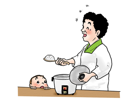 こんなにふっくら炊けるんですよぉ 人物,大人,女性,おばちゃん,笑顔,割烹着,炊飯器,しゃもじ,お米,着物のイラスト素材