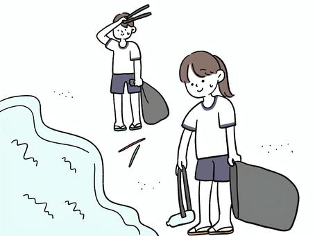 海でゴミを拾う学生たち ボランティア,ゴミ拾い,ゴミ,海,学生,奉仕活動のイラスト素材