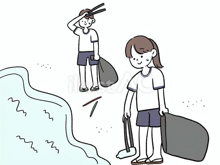 海でゴミを拾う学生たち ボランティア,ゴミ拾い,ゴミのイラスト素材