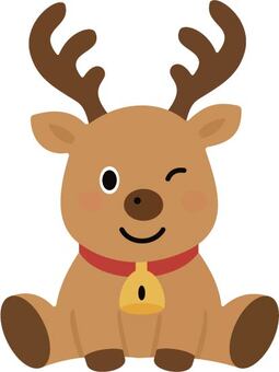 座ってウインクするトナカイ トナカイ,クリスマス,動物,ウインク,座る,角,鈴,首輪,笑顔,茶色のイラスト素材