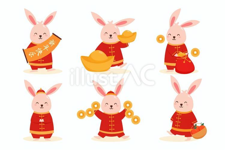 中国の衣装のかわいい伝統的なウサギ(祝儀袋を持つウサギなど） ウサギ,中国風,衣装のイラスト素材