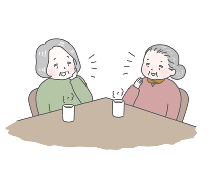 お茶をしながら会話するおばあさんたち  高齢者,シニア,老人,会話,おしゃべり,コミュニケーション,交流,友人,テーブル,お茶のイラスト素材