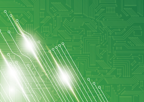 電子工学と光のフレアのイメージ背景素材 デジタル,エレクトロニクス,電子回路,基盤,テクノロジー,光,フレア,緑色,背景のイラスト素材