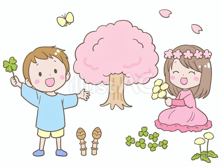 春の草花を楽しむシンプルな男の子と女の子 春,花,植物のイラスト素材