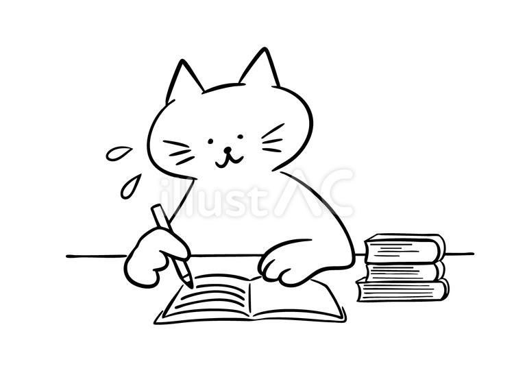 勉強を頑張る猫（モノクロ） 猫,勉強,学習のイラスト素材