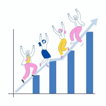 成長グラフの上で成功を喜ぶビジネスチーム 成長グラフの上で成功を喜ぶビジネスチーム 人物,男女,ビジネス,仲間,チーム,成功,喜び,成長,達成,上昇のイラスト素材