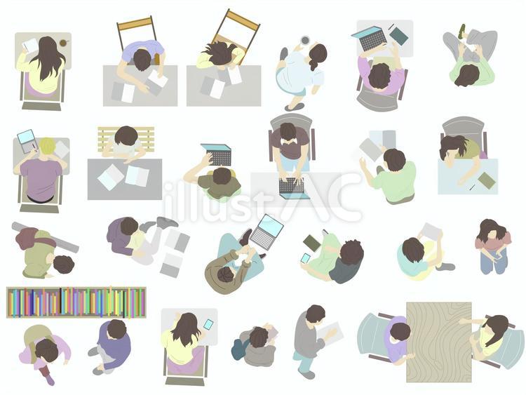建築の平面図に使える人物添景（図書館編） 図書館,真上,人物のイラスト素材