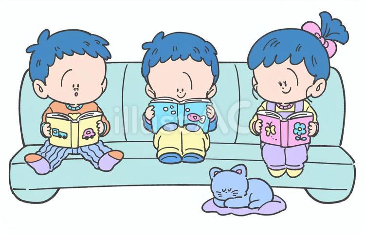 本を読む子どもたちの手描きイラスト1 読書,子ども,本のイラスト素材