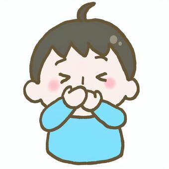 両手で口を抑えて目をつぶる子ども こども,子ども,口,おさえる,覆う,手,両手,塞ぐ,すっぱい,苦しいのイラスト素材