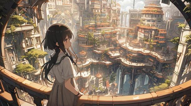 Illustration, girl, street, sky, 