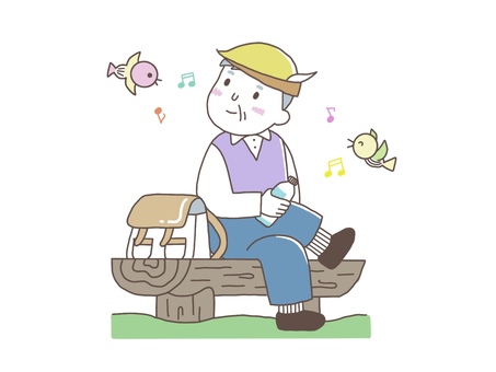 登山で一休みするシニア男性 登山,男性,シニア,高齢者,人物,山登り,おじいさん,祖父,趣味,運動のイラスト素材