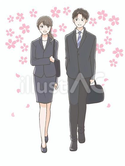 桜とスーツの男女のイラスト(全身)