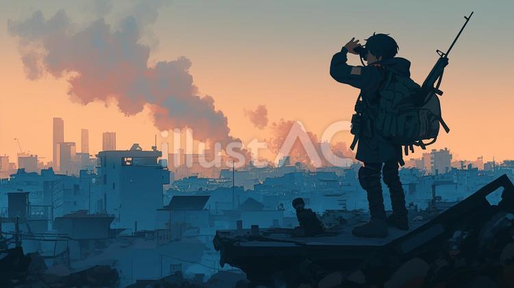 廃墟を見渡す探索者 都市,廃墟,夕暮れのイラスト素材
