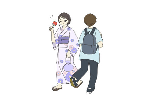 夏祭りで足の指を踏まれた女性 浴衣,女性,足,踏まれる,事故,人物,夏祭り,指,踏む,痛いのイラスト素材