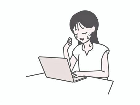 PC作業半袖女性｜暑がる 女性,pc,仕事,ビジネス,会社員,オフィスカジュアル,半袖,夏,暑いのイラスト素材