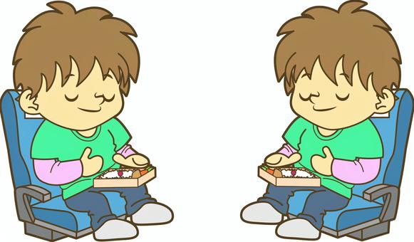 駅弁を車内で食べる男性 男性,駅弁,食べる,電車,列車,車内,シート,旅,旅行,一人旅のイラスト素材