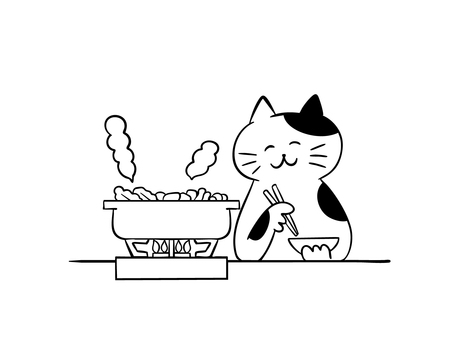 鍋ものを楽しむ猫（モノクロ） 猫,鍋,鍋物,寄せ鍋,食事,湯気,コンロ,卓上コンロ,暮らし,かわいいのイラスト素材