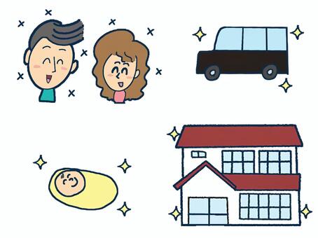 マイホームなど マイホーム,車,赤ちゃん,笑顔,夫婦,セット,pop調,手描き,挿絵,ワンポイントのイラスト素材