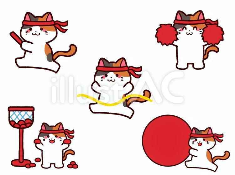 運動会に参加する三毛猫セット　赤組 運動会,動物,セットのイラスト素材