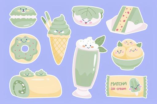 抹茶アイス・和菓子ステッカー ドーナツ,アイスクリーム,ロールケーキ,マカロン,団子,抹茶ラテ,葉っぱ,お菓子,ケーキ,モナカのイラスト素材