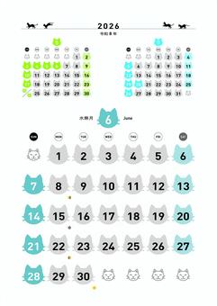 猫カレンダー2026.6 猫カレンダー2026.6 カレンダー,猫,2026,令和8,シルエット,カラフル,日曜始まり,6月のイラスト素材