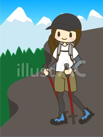 山道を歩く女性(背景あり)