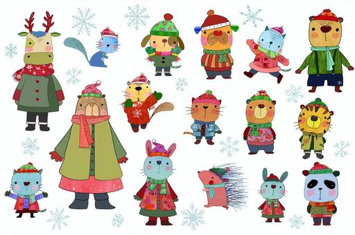 冬の動物達 クリスマス,動物,トナカイ,熊,犬,猫,包装紙,クリスマスツリー,冬セール,フレームのイラスト素材