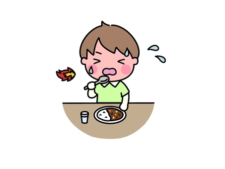 辛い　カレーを食べる　男の子 辛い,汗,暑い,食べる,食事,カレー,カレーライス,子ども,男の子,少年のイラスト素材
