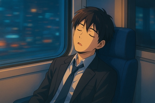 新幹線の座席で寝落ちする若い男性