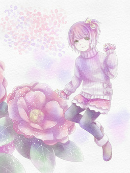 男の子 人物,男の子,女の子,男の娘,キャラクター,水彩,ピンク,一枚絵,花,山茶花のイラスト素材