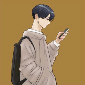 スマホボーイ スマートフォン,黒髪,青年,イケメン,漫画のイラスト素材