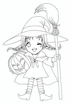 ハロウィン魔女の仮装の女の子線画 ハロウィン魔女の仮装の女の子線画 ハロウィン,人物,女の子,子供,魔女,仮装,キャラクター,かわいい,線画,ぬりえのイラスト素材