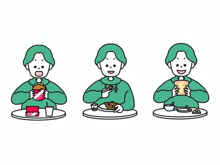 いろんなメニューを食べてる男性 メニュー,男性,男の人,青年,センター分け,右利き,ハンバーガー,カレー,飲み物,ジュースのイラスト素材