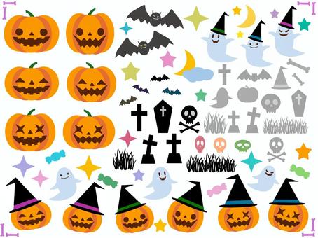 かわいいハロウィン素材セット(行事）-1 ハロウィン,かぼちゃ,ジャックオランタン,パンプキン,おばけ,秋,10月,手描き,かわいい,おしゃれのイラスト素材