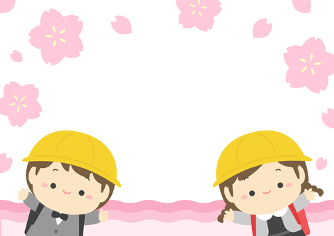桜と小学生の入学式のイラスト03 桜,春,花,入学,入学式,小学生,子ども,人物,男の子,女の子のイラスト素材