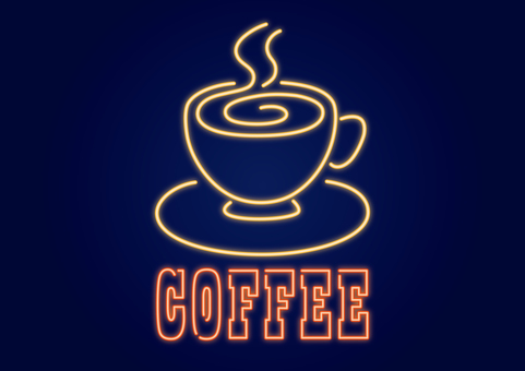 ネオン_コーヒー コーヒー,カップ,ネオン,サイン,看板,夜,ライト,光,カフェ,ブレイクタイムのイラスト素材