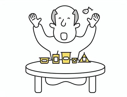 コンビニ活用で健康維持する高齢者-線画 栄養,バランス,良い,食事,１人,独居,高齢者,男性,音符,惣菜のイラスト素材