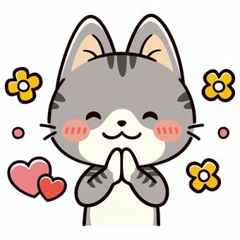 手を合わせて感謝する可愛いサバトラ猫 感謝,ハート,猫,嬉しい,花,ありがとう,笑顔,合掌,サバトラ猫,ゆるいのイラスト素材