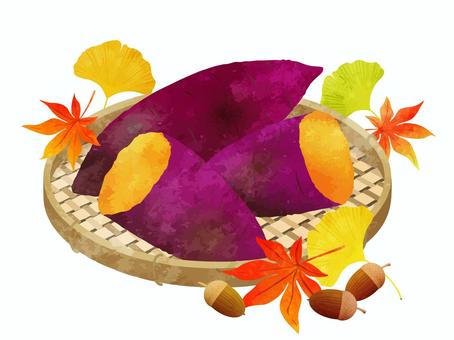 焼き芋と紅葉とドングリ02 焼き芋と紅葉とドングリ02 焼き芋,さつまいも,いちょう,どんぐり,木の実,もみじ,紅葉,楓,葉っぱ,秋のイラスト素材