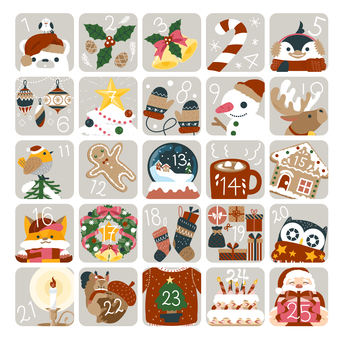 クリスマス25日アドベントカレンダー2 クリスマス25日アドベントカレンダー2 クリスマス,アドベントカレンダー,12月,冬,カウントダウン,アイコン,セット,コレクション,可愛い,シンプルのイラスト素材